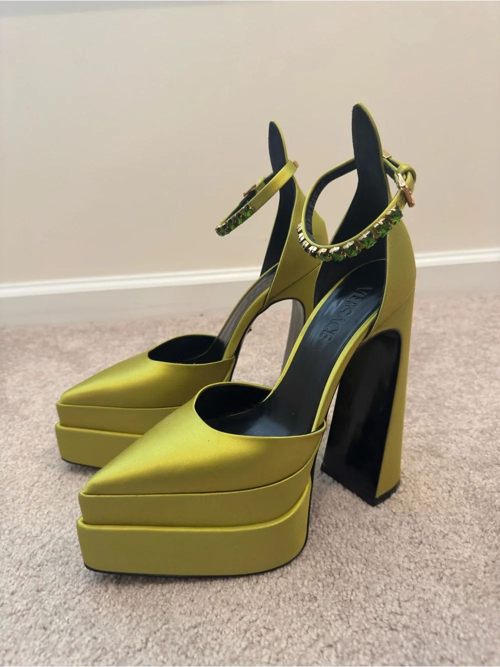 Versace Olive Green Platform Ankle-Strap Pumps with Embellished Buckle